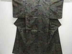 アンティーク　華紋に幾何学模様織り出し十日町紬着物